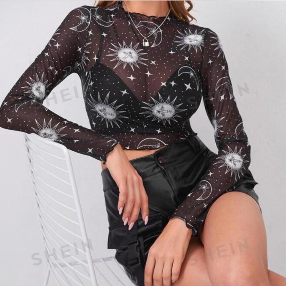 Shein Black Celestial Mesh Long Sleeve Crop Top - Size M
